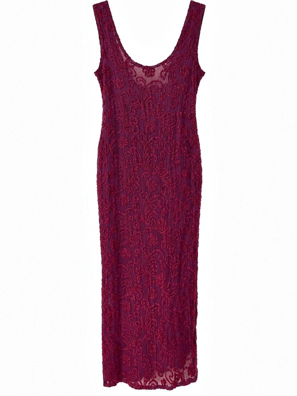 Vtg 90s Val Mode Sheer Lace Maxi Slip Dress Burgundy Plum Mesh Gothic Coquette